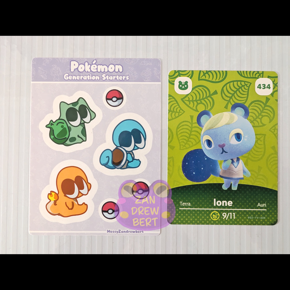 Sticker Sheet next to Animal Crossing Amiibo card for size reference