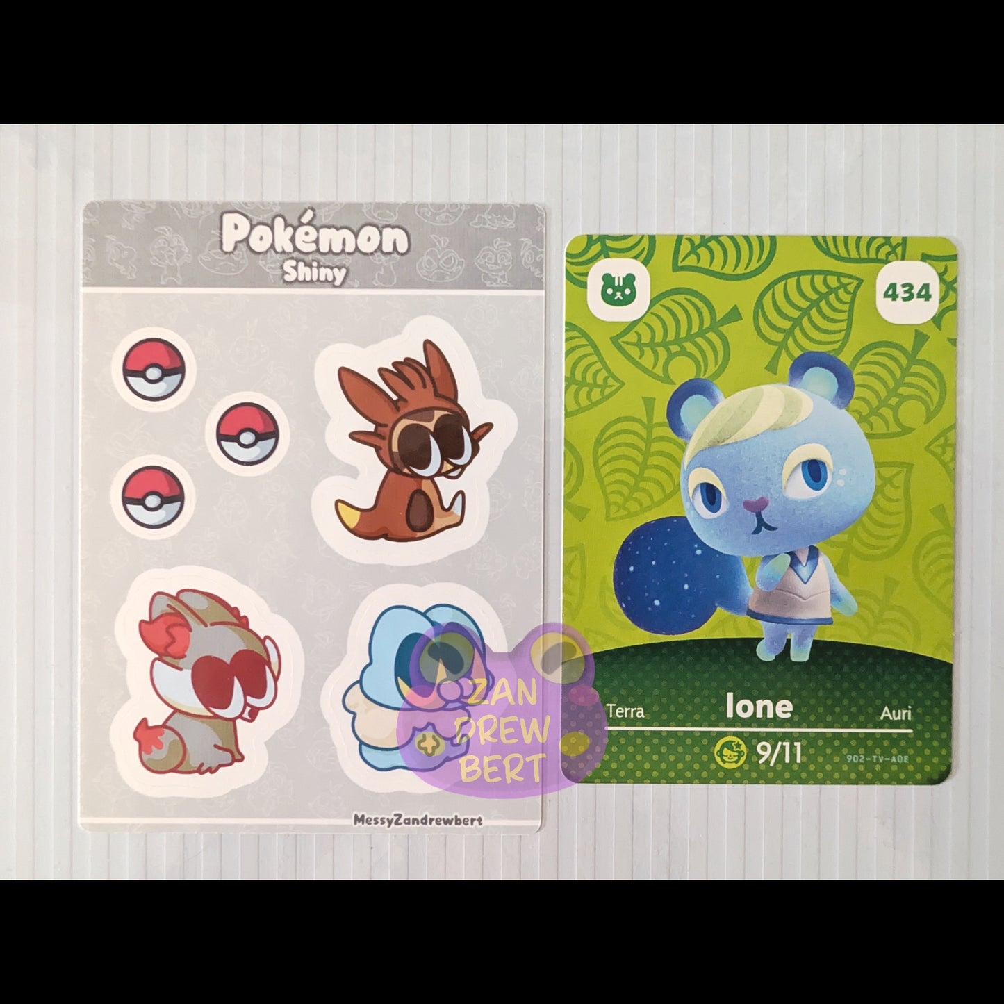 Sticker Sheet next to Animal Crossing Amiibo card for size reference