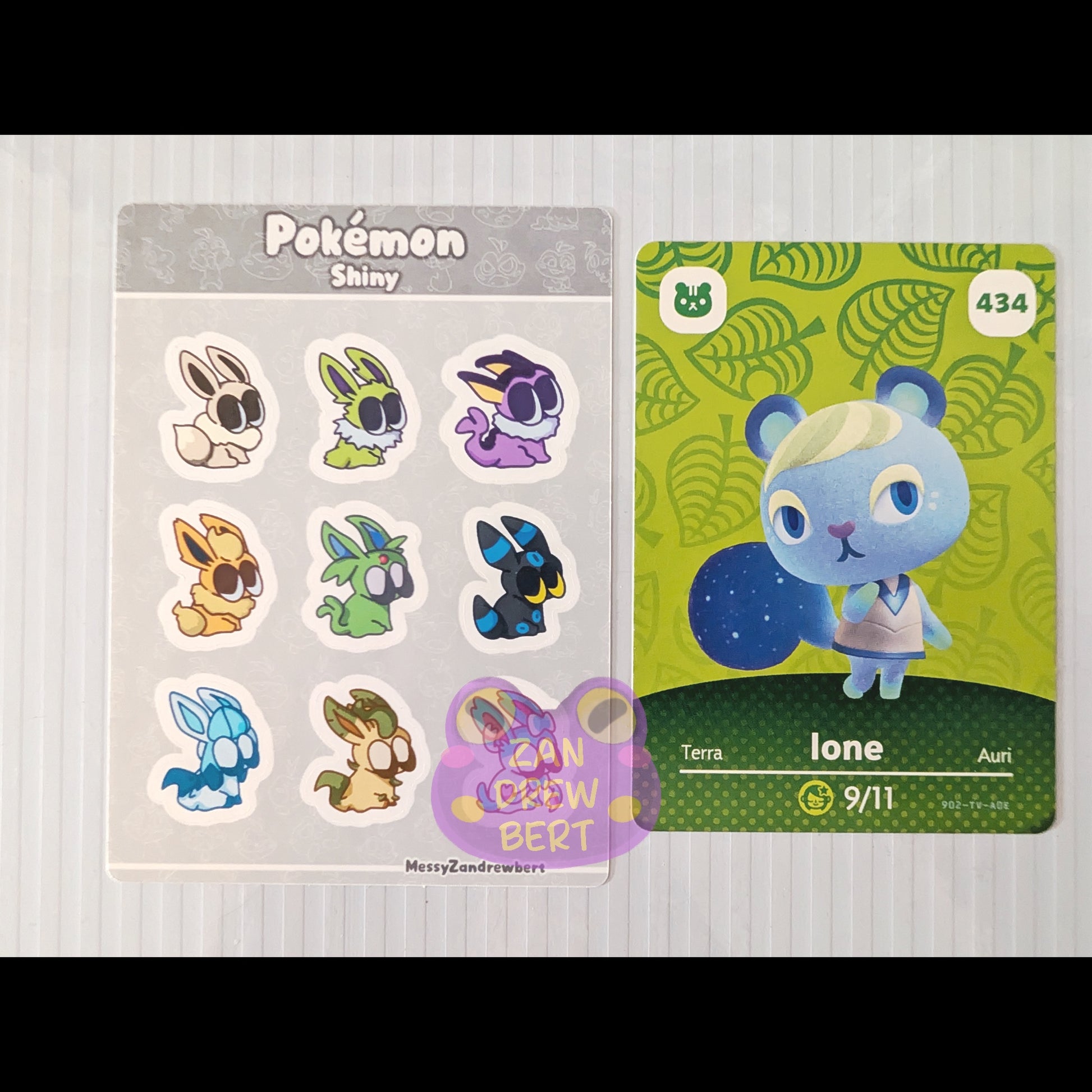 Sticker Sheet next to Animal Crossing Amiibo card for size reference 