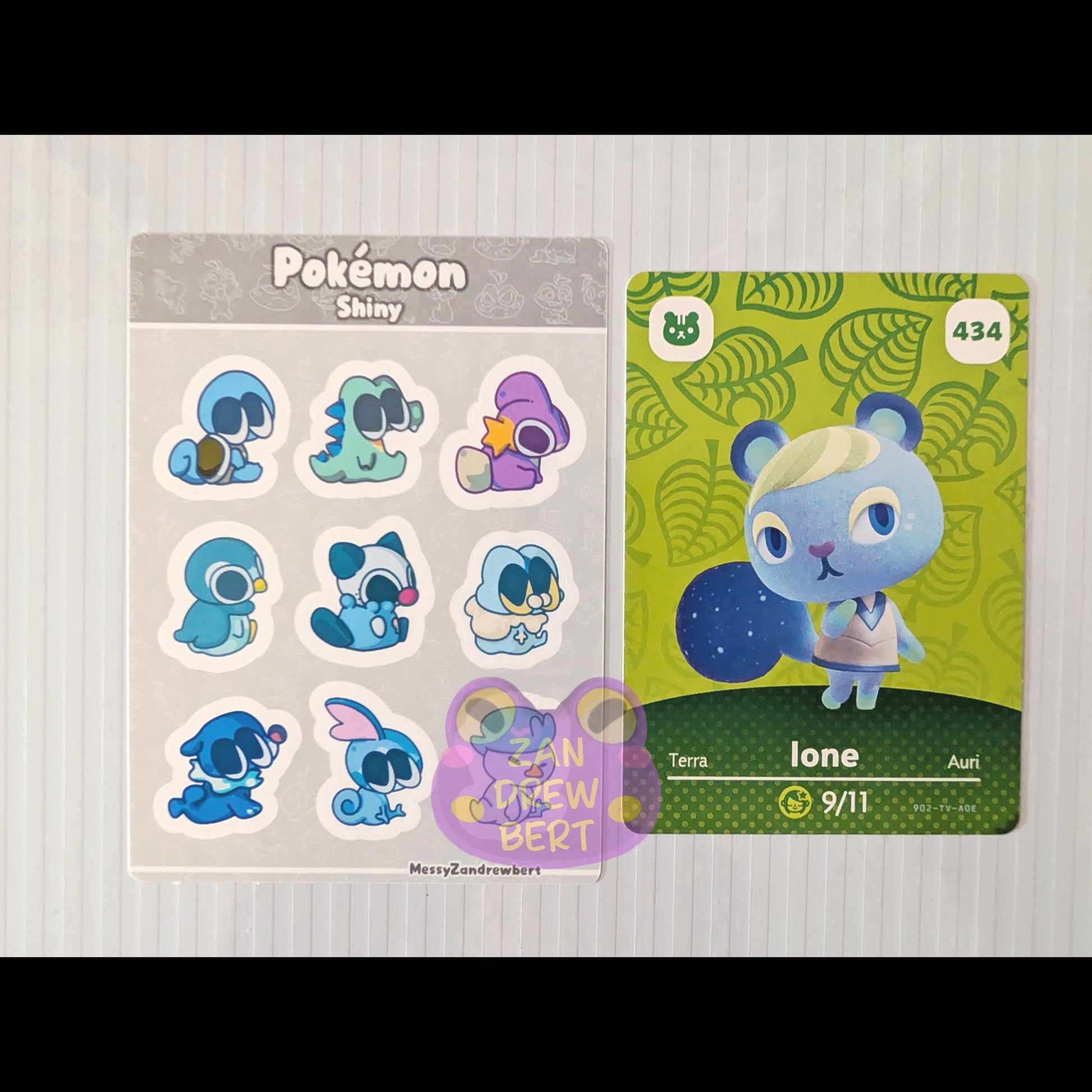 Sticker Sheet next to Animal Crossing Amiibo card for size reference 