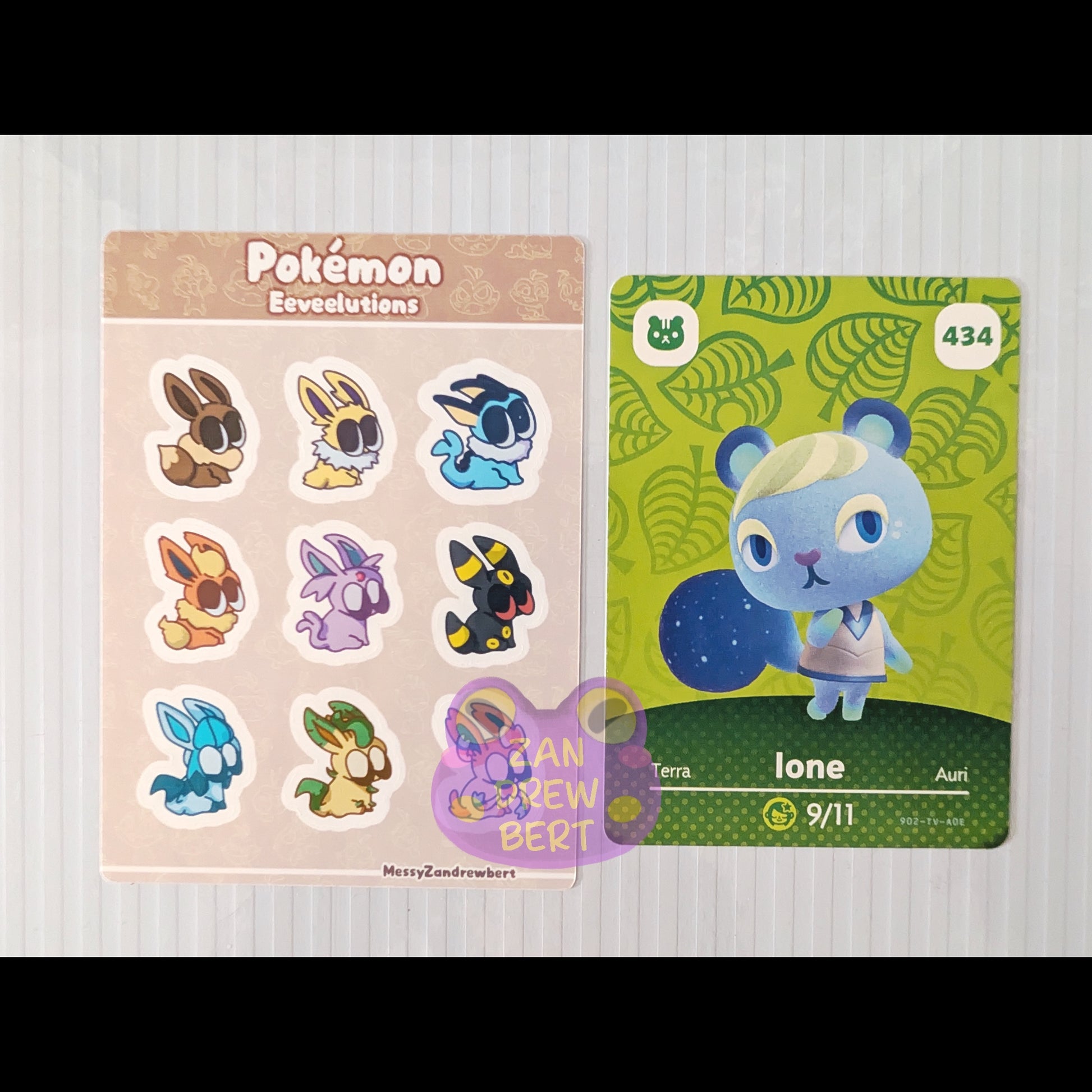 Sticker Sheet next to Animal Crossing Amiibo card for size reference 